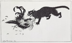 Katten og hanen, illustration fra "Æsops fabler", udgivet af Heinemann, 1912 af Arthur Rackham