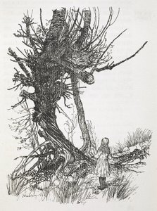 Cheshire-katten i et træ ser ned på Alice af Arthur Rackham