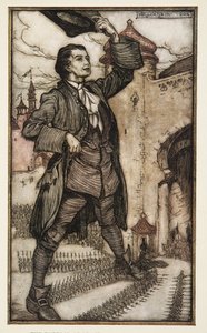 The Emperor of Lilliput gennemgår sine tropper, fra Gullivers rejser af Jonathon Swift (1667 - 1745), pub. 1909 (farve litho) af Arthur Rackham