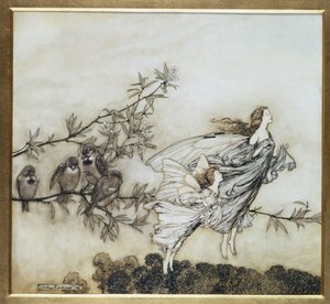 Feerne har deres Tiff with the Birds, illustration fra 1906 til Peter Pan i Kensington Gardens af J.M. Barrie, pub. 1906 (blæk og wc)