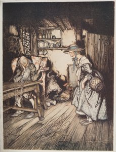 Hytten i skoven, fra Lillebror & Lillesøster og andre fortællinger af brødrene Grimm, pub.1917 af Arthur Rackham