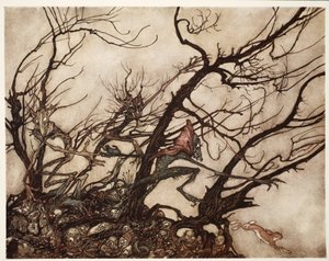 Indianerne betragtede dem som åndernes bolig., fra Rip Van Winkle af Washington Irving, pub. 1910 af Arthur Rackham