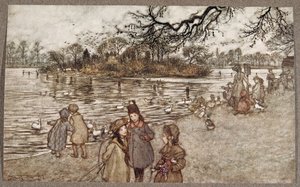 Øen, hvor alle fuglene er født, der blev til drenge- og piger, fra Peter Pan i Kensington Gardens af J M Barrie (1860 - 1937), pub. 1906 af Arthur Rackham