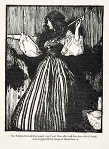 Jomfruen hentede tryllestaven, og så tog hun sin stedsøstres hoved og tabte tre dråber blod fra den fra The Fairy Tales of the Brothers Grimm, pub. 1909