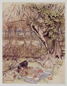 Muldvarpen tryglede som en tjeneste om at få lov til at pakke det helt ud selv, fra Wind in the Willows af Kenneth Grahame (1859 - 1932), pub. 1940 af Arthur Rackham