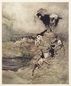 De syv børn og deres mor kaprede og dansede foråret rundt i deres glæde, fra The Fairy Tales of the Brothers Grimm, pub. 1909 af Arthur Rackham