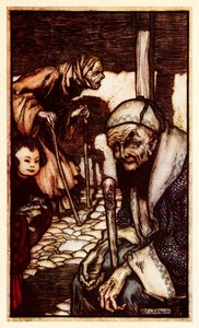 Struldbrugs uheldige udødelige uden evig ungdom, som er erklæret fra del III: En rejse til Laputa, Balnibarbi, Luggnagg, Glubbdubdrib og Japan i Gullivers rejser af Jonathan Swift af Arthur Rackham