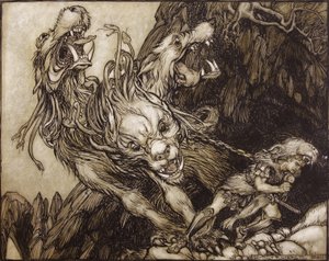 The Twelfth Labour of Hercules, illustration fra The Greek Heroes af B.G. Niebuhr, 1903 (pen & blæk og wc på papir) af Arthur Rackham