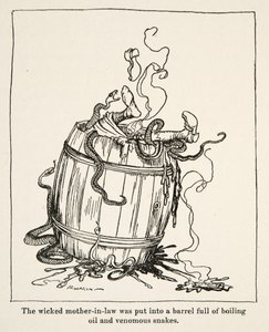 Den onde svigermor blev puttet i en tønde fuld af kogende olie og giftige slanger, fra Little Brother & Little Sister and Other Tales af brødrene Grimm, pub.1917 (litho) af Arthur Rackham
