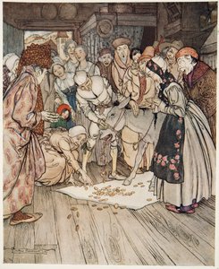 Ønskebordet, røvguden og knusen i rygsækken, fra Lillebror & Lillesøster og andre fortællinger af brødrene Grimm, pub.1917 af Arthur Rackham