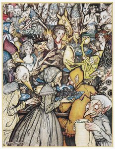 "Banketten hvor det virkelig storslåede selskab var samlet". Elfinnekongen, iført en gylden krone, samledes hans døtre og nisser og trolde til et måltid. Illustration til 