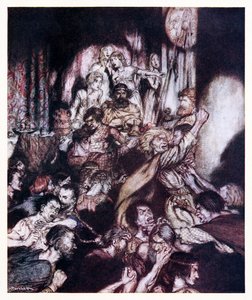 Selskabssalen var i tumult. fra The Little Brawl in Irish Fairy Tales af Arthur Rackham