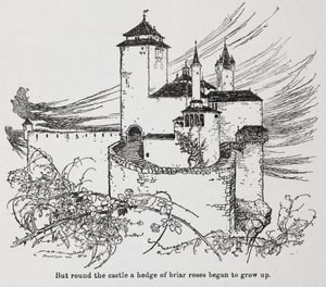 Slottet omgivet af torne fra Briar Rose (Sleeping Beauty) af Arthur Rackham
