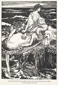 De fandt prinsessen stadig på klippen, men dragen sov med hovedet på hendes skød, , fra The Fairy Tales of the Brothers Grimm, pub. 1909 af Arthur Rackham