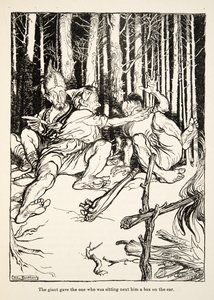 Kæmpen gav den, der sad ved siden af ham en æske på øret, fra Lillebror & Lillesøster og andre fortællinger af brødrene Grimm, pub.1917 (litho) af Arthur Rackham