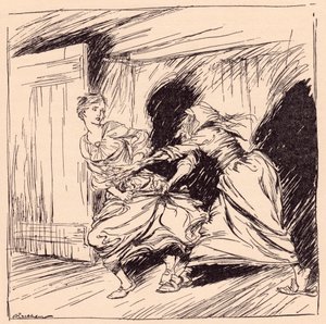 Den gamle kvinde greb hende i kjolen og prøvede at holde hende fast. Illustration af Arthur Rackham fra Grimm