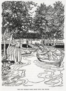 "Den gamle kone gik lige i vandet". Illustration til 