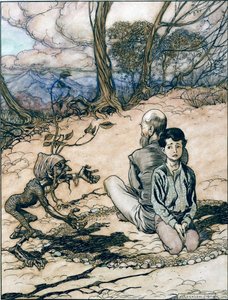 Sønnen lavede en cirkel, og hans far og han tog plads inden i den, og den lille sorte mannek dukkede op, illustration fra Kongen af Det Gyldne Bjerg i Brødrene Grimms eventyr,