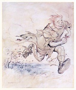 Dunken fra hans store støvler voksede lige så vedvarende som haglklappen på et tag, og vinden fra hans gang blæste træer ned. fra The Carl of the Drab Coat i Irish Fairy Tales af Arthur Rackham