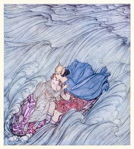 Alverdens bølger så ud til at hvirvle forbi dem i ét enormt grønt tæppe fra Becuma of the White Skin in Irish Fairy Tales af Arthur Rackham