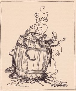 Den onde svigermor blev puttet i en tønde fuld af kogende olie og giftige slanger. Illustration af Arthur Rackham fra Grimms eventyr, De tolv brødre, udgivet i slutningen af det 19. århundrede. af Arthur Rackham
