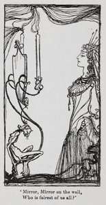 Den onde dronning ser på sig selv i spejlet fra Snowdrop (Snehvid) af Arthur Rackham