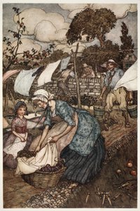 Kvinderne i landsbyen plejede at ansætte ham til at udføre så små sære opgaver, som deres mindre imødekommende ægtemænd ikke ville gøre for dem., fra Rip Van Winkle af Washington Irving, pub. 1910 af Arthur Rackham