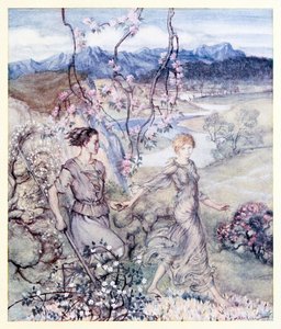 Så gik de [Iollan og Tuiren] hånd i hånd i det land, der dufter af æbleblomst og honning. fra The Birth of Bran i Irish Fairy Tales af Arthur Rackham
