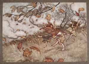 Der er næsten intet, der har så stor en sans for sjov som et faldet blad, fra Peter Pan i Kensington Gardens af J M Barrie (1860 - 1937), pub. 1906 af Arthur Rackham