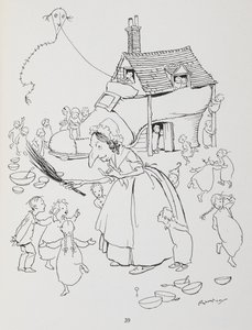 Der var en gammel dame, der boede i en sko. Kvinde med skohus og mange børn. af Arthur Rackham
