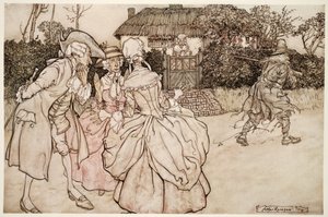 De stirrede alle på ham med lige store mærker af overraskelse og strøg uvægerligt deres hager., fra Rip Van Winkle af Washington Irving, pub. 1910 af Arthur Rackham