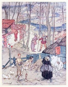De tilbød en ko for hvert ben på hendes ko, men hun ville ikke acceptere det tilbud, medmindre Fiachna gik i kaution for betalingen. fra Mongans Frenzy in Irish Fairy Tales af Arthur Rackham