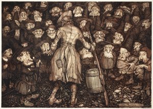 De stirrede på ham med et så fast, statue-lignende blik, at hans hjerte vendte sig om i ham og hans knæ slog sammen., fra Rip Van Winkle af Washington Irving, pub. 1910 af Arthur Rackham