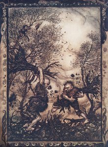 De arbejdede sig i sådan en raseri, at de rev træer op med rødderne og hakkede på hinanden, indtil de begge faldt døde, fra The Fairy Tales of the Brothers Grimm, pub. 1909