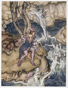 Denne musik sneg sig forbi be upon the waters, illustration fra William Shakespeares The Tempest, pub. 1926 af Arthur Rackham