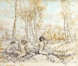Tre trænymfer samler blomster (pen & blæk og wc på papir) af Arthur Rackham