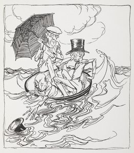 Tre mænd i en skål på havet. af Arthur Rackham