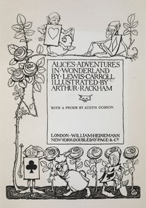 Titelblad med en rosenbusk, den hvide kanin og mænd klædt ud som kort af Arthur Rackham