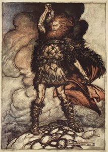 "Til min hammers sving fejer jeg Damp og tåge! svævende tåger! Donner, din herre, kalder sine hærskarer!", illustration fra "Rhinegold og Valkyrien", 1910 af Arthur Rackham