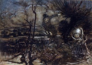 To karakterer formår ikke at drukne i sumpen, Puck hjælper dem med en brand. Illustration af Arthur RACKHAM (1867-1939) til Drømmen om en sommernat af William SHAKESPEARE af Arthur Rackham