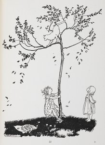 To børn forsøger at få en kat ned fra et træ. af Arthur Rackham