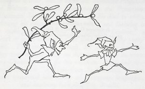 To elvere leger, den ene bærer en kvist mistelten af Arthur Rackham