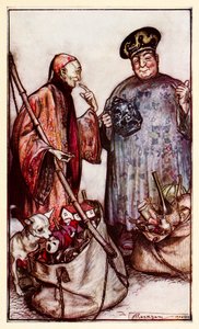 To af disse vismænd... som kræmmere blandt os (udtrykker sig med ting, de bærer rundt på) fra del III: En rejse til Laputa, Balnibarbi, Luggnagg, Glubbdubdrib og Japan i Gullivers Travels af Arthur Rackham
