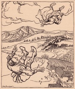 Da hendes mand så hende, råbte han: Hej! kom til mig her". Illustration af Arthur Rackham fra Grimm