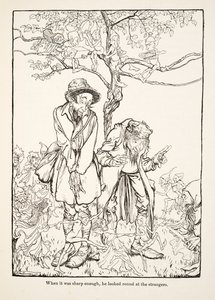 Da det var skarpt nok, så han rundt på fremmede, fra Lillebror & Lillesøster og andre fortællinger af brødrene Grimm, pub.1917 (litho) af Arthur Rackham