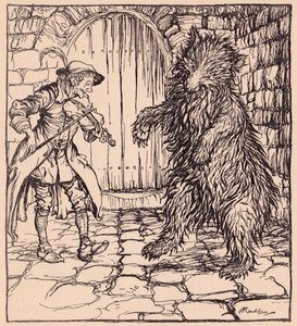 Da bjørnen hørte musikken, kunne han ikke lade være med at begynde at danse. Illustration af Arthur Rackham fra Grimm