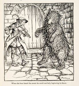 Da bjørnen hørte musikken, kunne han ikke lade være med at begynde at danse, fra Little Brother & Little Sister and Other Tales af brødrene Grimm, pub.1917 (litho) af Arthur Rackham