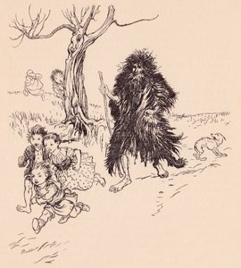 Den, der så ham, stak af. Illustration af Arthur Rackham fra Grimm