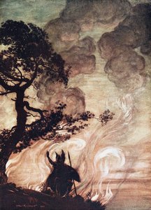 Wotan vender sig og ser bedrøvet tilbage på Brünnhilde. Illustration til Rhinegold og Valkyr