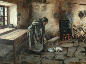 Farmhouse interiør (olie på lærred) af Arthur Rigg